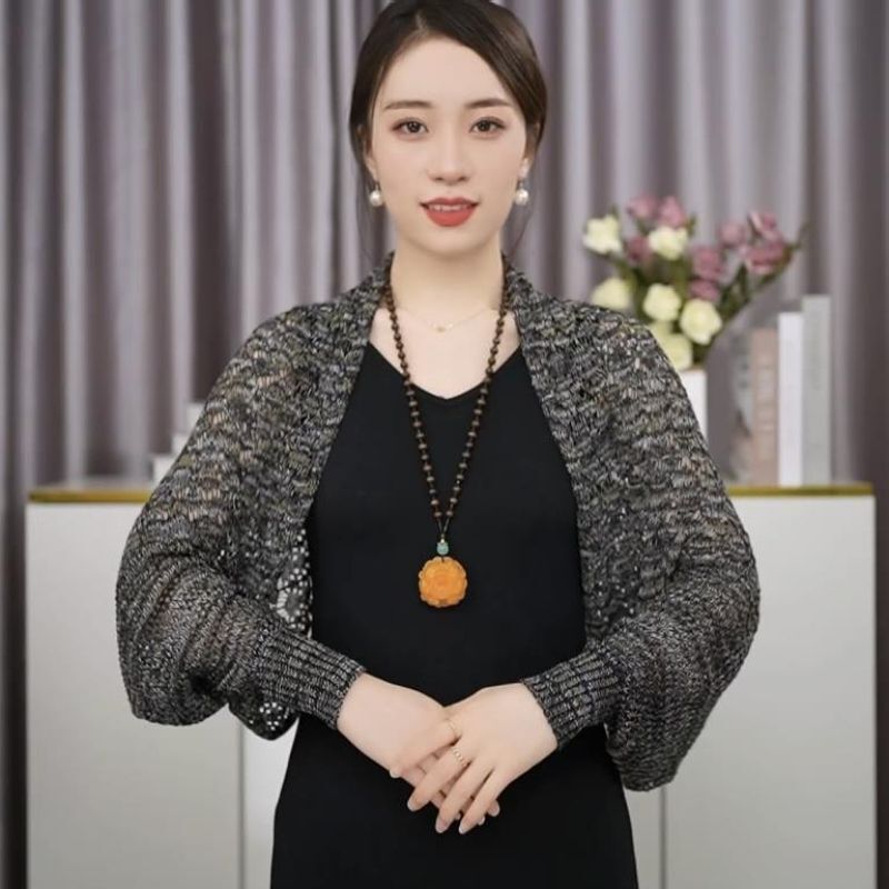 新型韓国版百合サテンカラー透かし彫り長袖ストール女性夏氷糸エアコンルームストール頚椎カーディガン肩|undefined