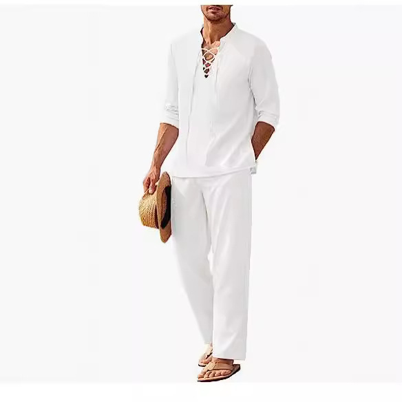 Men's Long-Sleeved Trousers European and American Cotton and Linen Henry Shirt Hippie Casual Beach Suit Solid Color European Size Cross-Border Ready Stock
