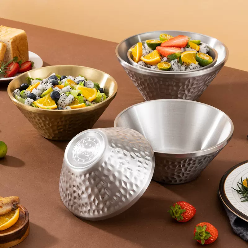 304不锈钢碗双层隔热饭碗日式拉面碗沙拉碗金色锤纹沙冰碗甜品碗