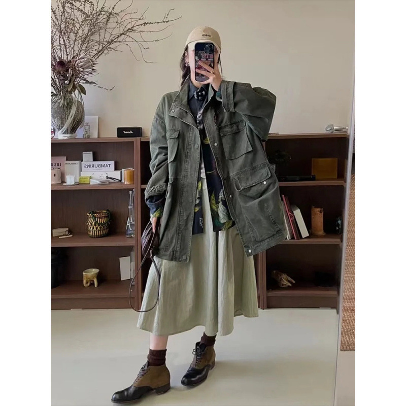 新品复古水洗做旧落肩工装牛仔外套女多口袋小众设计感宽松夹克|undefined