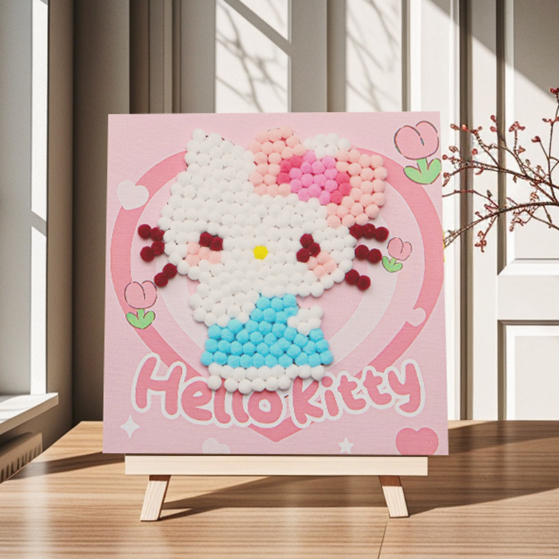 Pintura de bola de pelo Dibujos animados Niños creativos Pegatinas a mano Diy Material hecho a mano Paquete Marco estirado Pintura adhesiva Marco de madera maciza Pintura decorativa