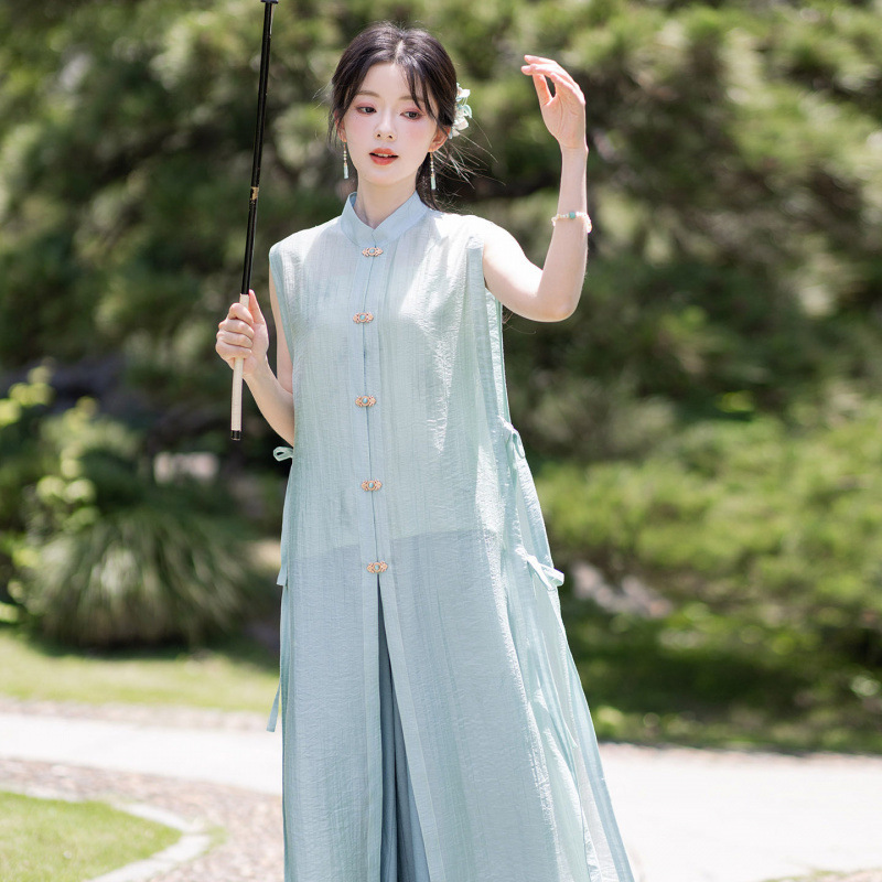 New model [Yuhu Bing] original modified Hanfu suit for women, summer sleeveless Ming-style fresh and artistic Chinese style set