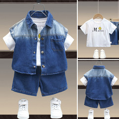 Boys' Graduated Color Denim Three-Piece Set 2023 Summer New Children's Stylish Fashion Set for Young Boys Trendy Clothes