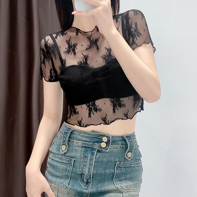 Black Transparent Lace Short-Sleeve Top for Women, Thin and Stylish with Hollow-Out Design, European-Style See-Through Mesh Inner Wear Half-Sleeve Blouse Black Transparent Lace Short-Sleeve Top for Women, Thin and Stylish with Hollow-Out Design, European-Style See-Through Mesh Inner Wear Half-Sleeve Blouse