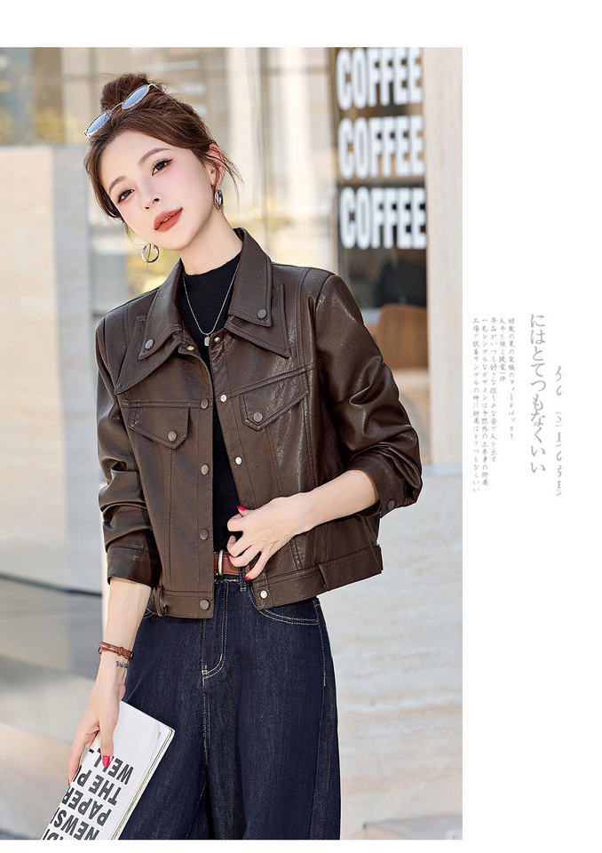 Áo khoác da dáng ngắn nữ phong cách biker, dài tay, cổ bẻ, form thông thường — Cà phê, Đen chi tiết 19