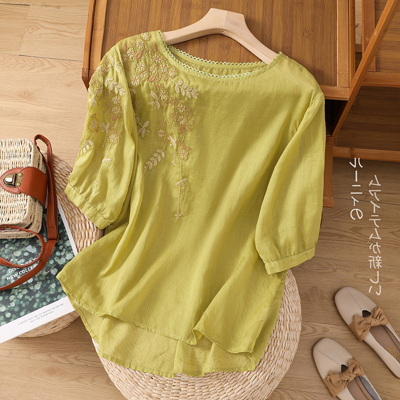 刺繍入りコットンとリネンの女性用半袖Tシャツ2025夏新作マザーズハイエンドリネンとラミールーズスリミングトップ|undefined