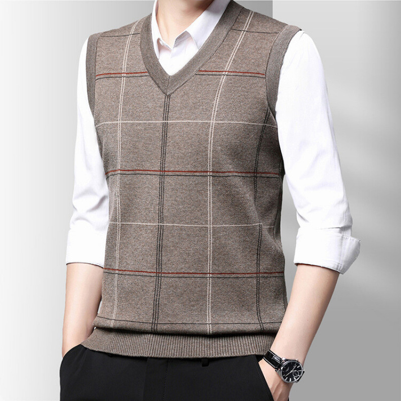 New Style Knitted Vest for Men, V-Neck Business Plaid Jacquard Top, 60% Wool, Sleeveless Straight Vest for Middle-Aged Men
