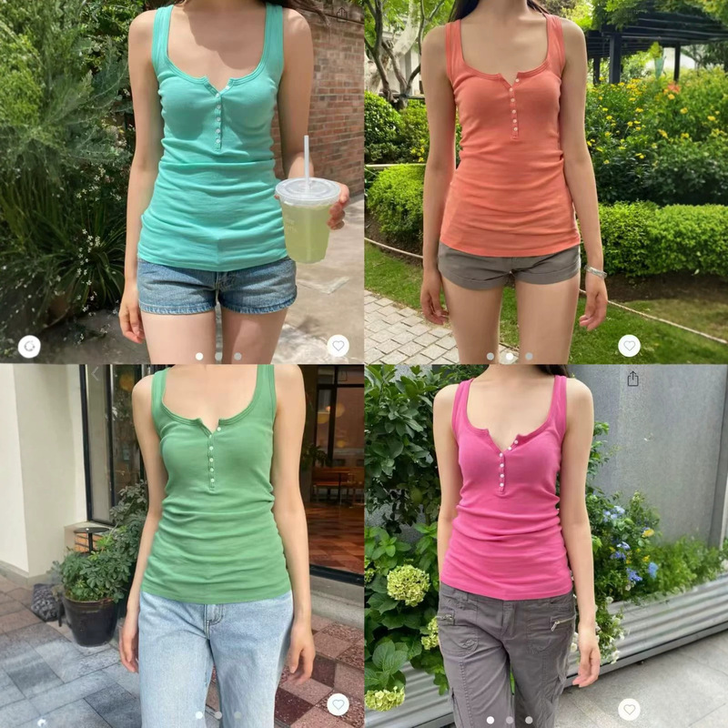 Bm Style New Ice Green Six-Button Slim-Fit Camisole for Girls, Summer Elastic Inner Wear Slimming Top