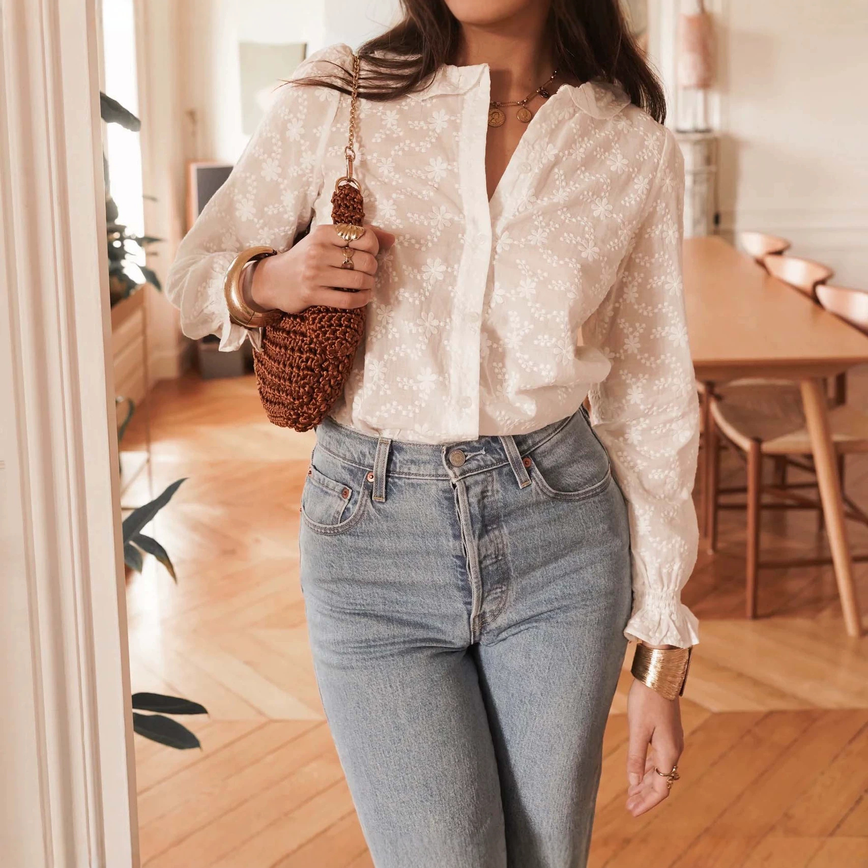 Comercio exterior Europa y América ropa de mujer primavera y otoño collar de loto francés camisa de algodón jacquard bordado camisa de temperamento de mujer
