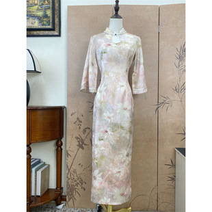 8745# New Chinese Style National Style Lotus Inverted Big Sleeve Gentle Pink Water Drop Collar Cheongsam Tight Waist Slim Fit Split Clothes