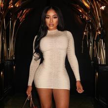 J25DS369欧美外贸辣妹女装长袖修身蛇纹印花包臀性感短连衣裙批发