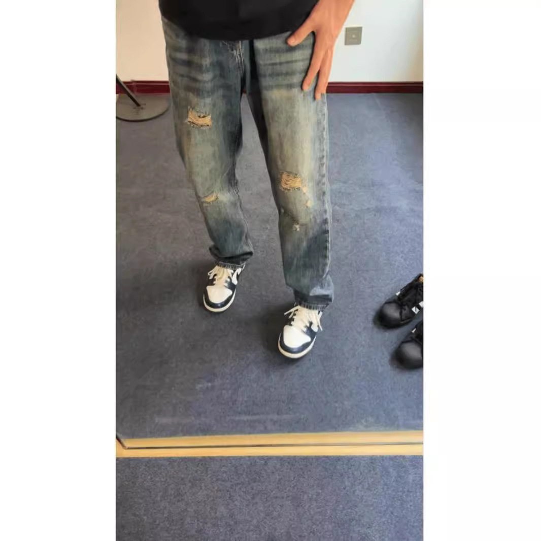 American vibe retro agujeros jeans hombre verano delgado recto pantalones largos pantalones oversize