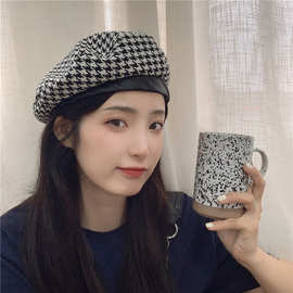 早秋新款毛呢千鸟格贝雷帽女复古时髦飘带画家帽休闲甜美八角帽韩