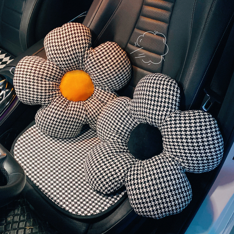 Houndstooth Car Interior Headrest Neck Pillow Women's Winter Cute Car Seat Belt Shoulder Guard Gear Handbrake Cushion