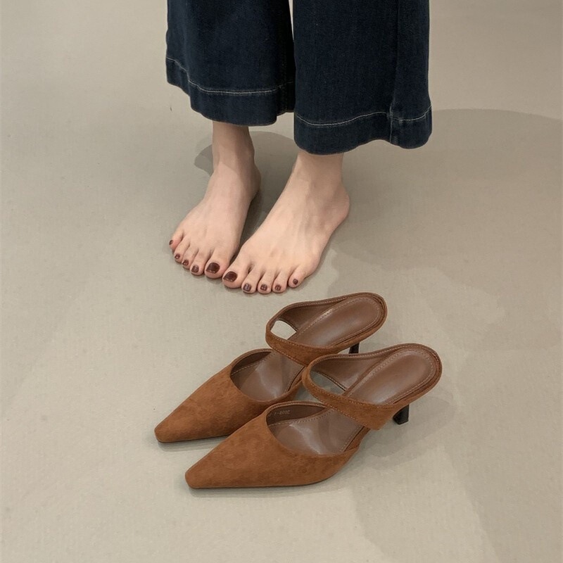 First Encounter with the New Spring/Summer 2026 Suede Mules, Women's Pointed-Toe Velvet High-Heeled Slip-On Shoes, Simple Closed-Toe Design