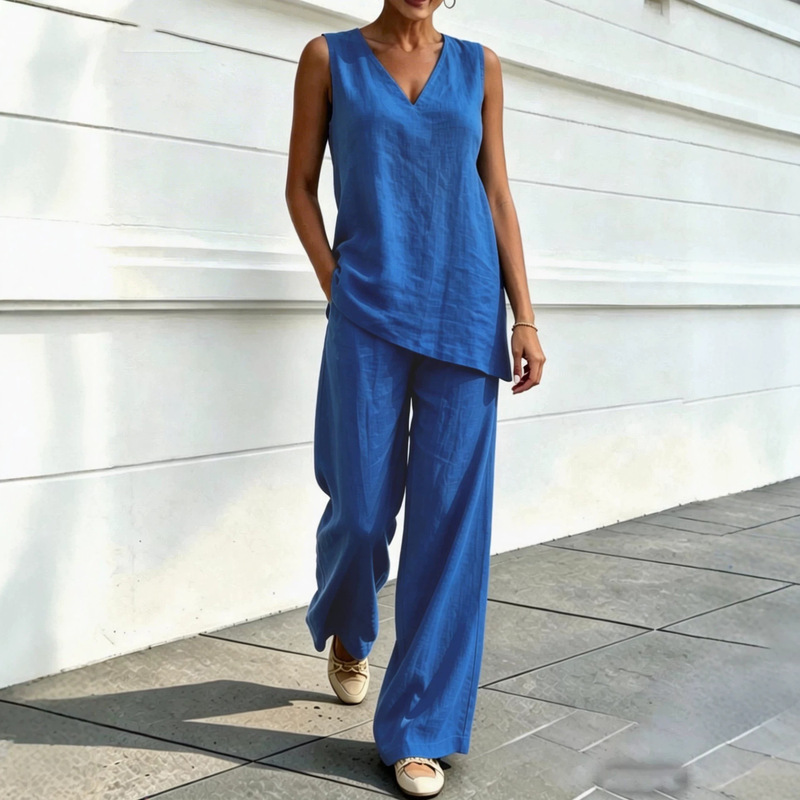 European and American Cross-Border Amazon Foreign Trade Women's Casual V-Neck Sleeveless Cotton and Linen Top and Wide-Leg Pants Two-Piece Set