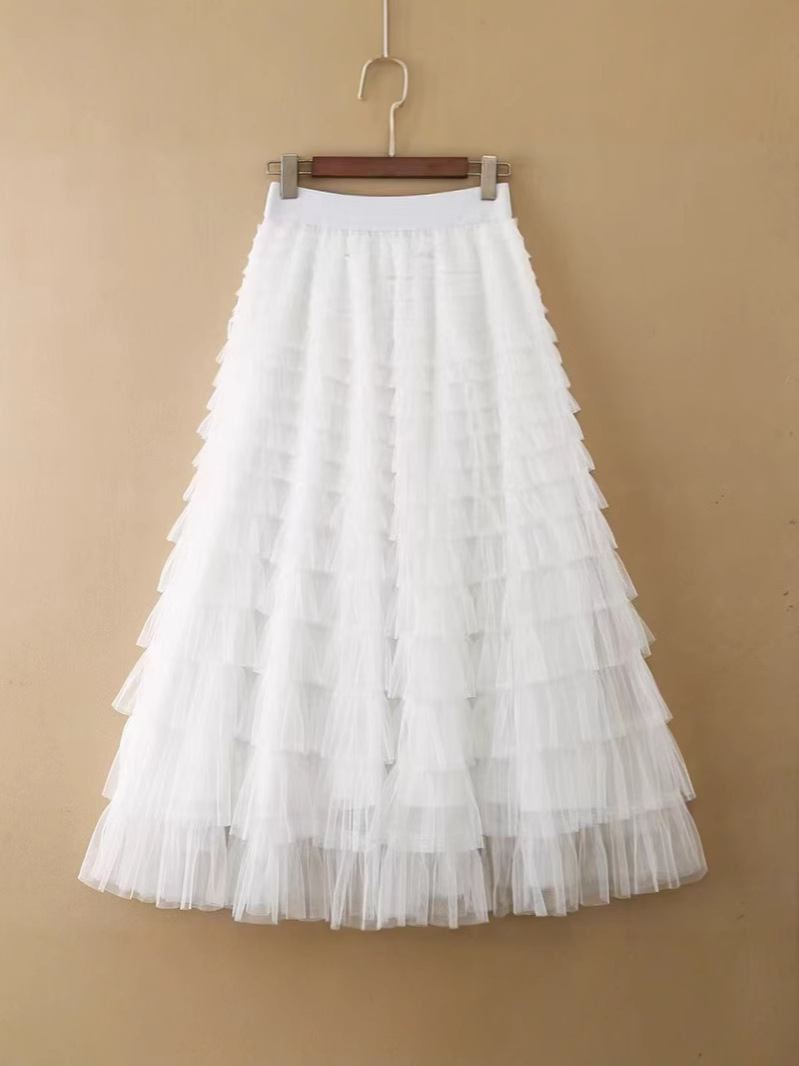 2024 Autumn Multi-Layered Mesh Patchwork Cake Skirt A-Line Slimming Midi Skirt for Women with High-Waisted Design and Large Hem
