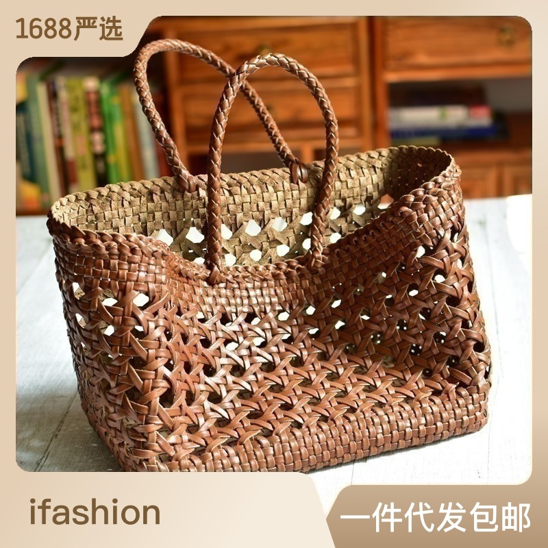 Bolsa tejida de difusión de Dragón Primera capa de piel de vaca bolsa de cesta de verduras hueco ins Bolsa De mujer entrega de fábrica