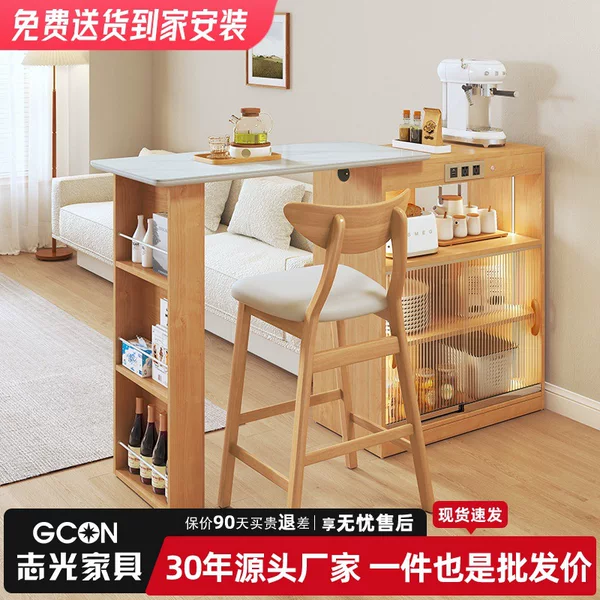 Simple Solid Wood Slate Bar Counter Sideboard Partition Integrated Dining Table with Storage and Wine Cabinet for Small Apartments in the Home Living Room