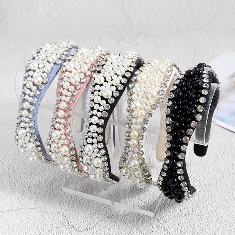 Fashion Solid Color Cloth Inlay Rhinestones Pearl Hair Band 1 Piece display picture 1