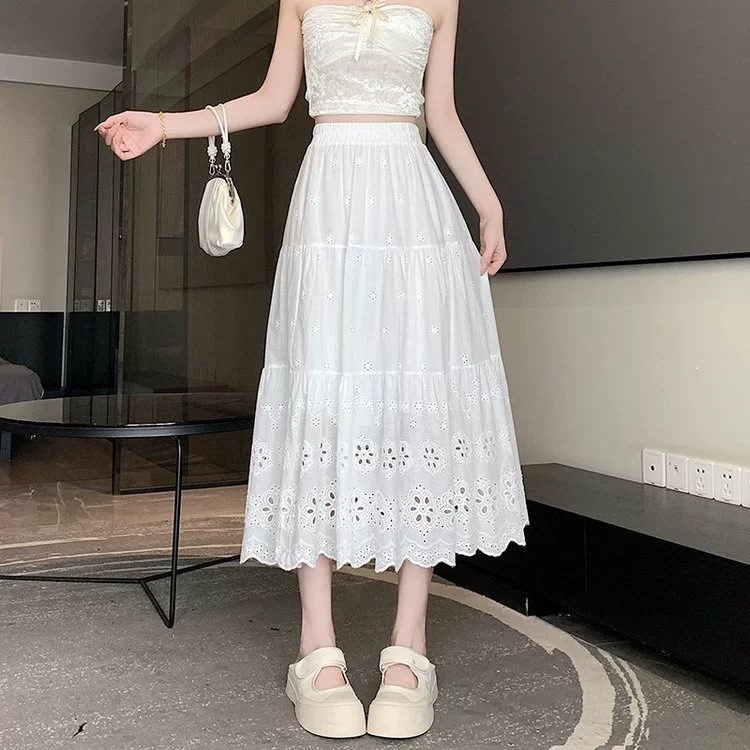 Летняя белая ажурная юбка с вышивкой, новая ажурная юбка с высокой талией, тонкая кружевная миниатюрная длинная юбка