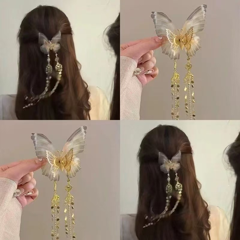 New Chinese Ethnic Style Butterfly Hairpin Women's Long Tassel Pendant Hair Accessories Fairy Style Niche Photo Headwear Clip