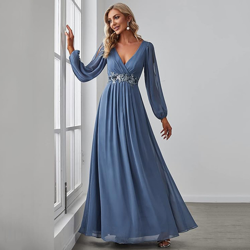 European and American ebay dress new women's elegant V-neck long sleeve A- line chiffon and mother of the bride dress Spring