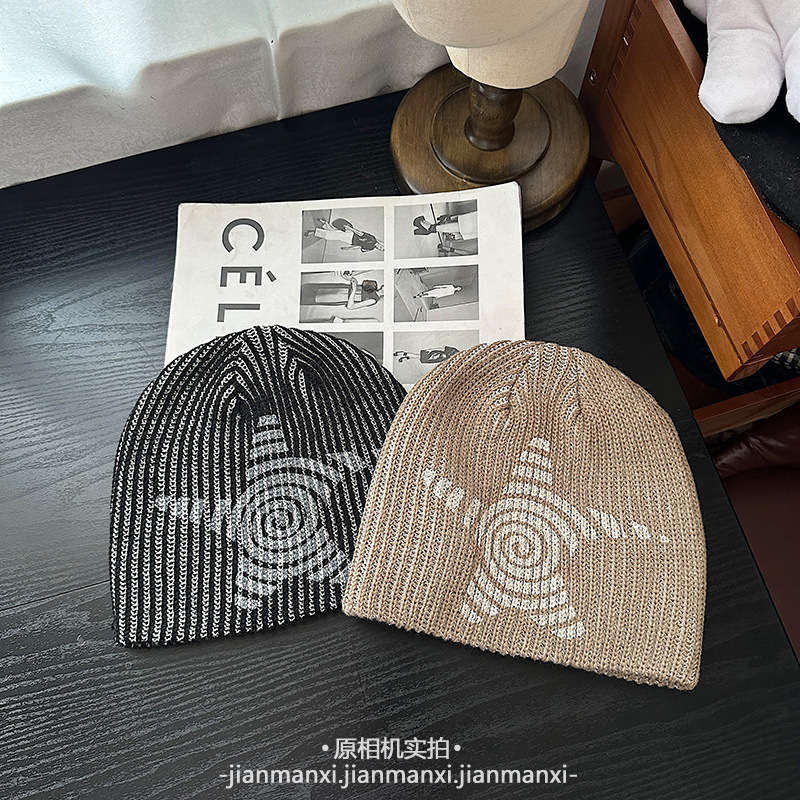 美式涂鸦条纹五角星针织帽男女街头保暖秋冬冷帽大头围百搭毛线帽|undefined
