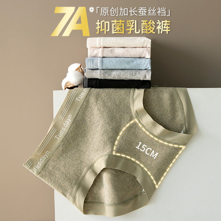 Women's Pure Cotton Seamless Underwear with a Naked Feel, 7A Antibacterial Polylactic Acid Mulberry Silk Extended Crotch Plus Size Briefs