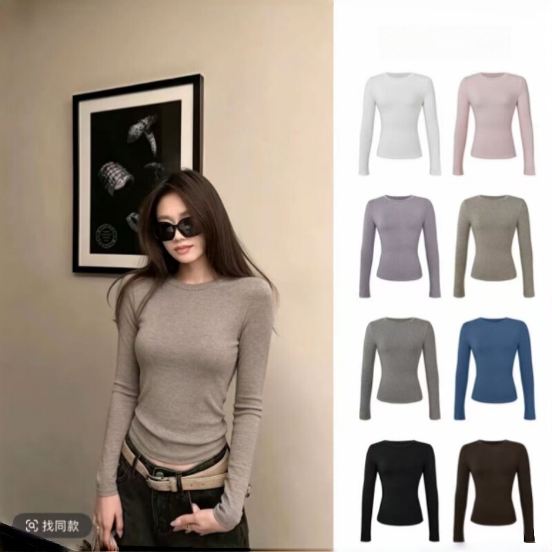 Simple solid-color round-neck long-sleeve T-shirt, women's basic top, 2026 autumn new collection, Korean style, versatile and slim-fit