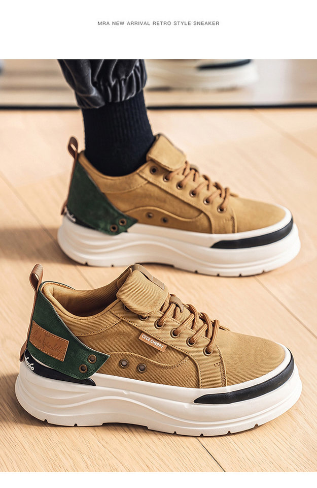 Giày vải nam cổ thấp phong cách retro, đế mềm tăng chiều cao, dây buộc — YH398 màu kaki, YH398 màu đen chi tiết 14