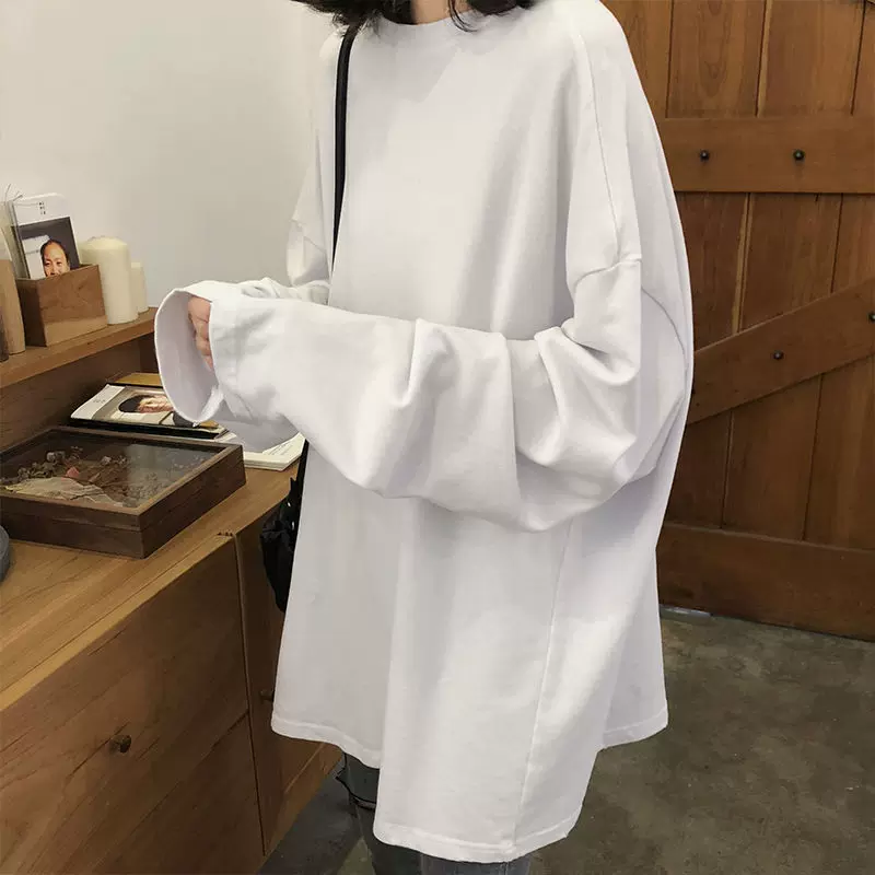 秋冬内搭白色打底衫2025长袖T恤女韩版慵懒风宽松百搭中长款上衣