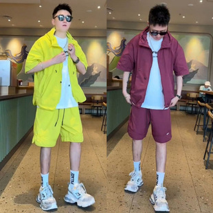 Workwear Casual Men's Suit 2025 Summer Fashionable Hooded Zipper Pocket Solid Color Breathable Short-sleeved Shorts Two-piece Set