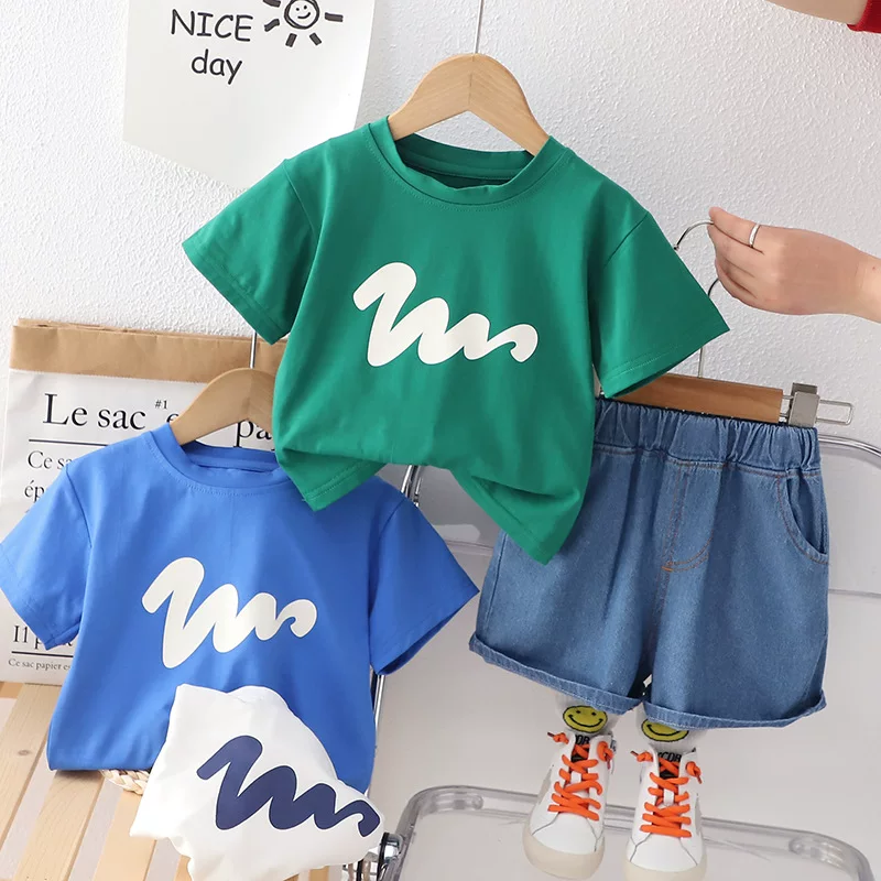 Children's summer summer clothing for boys, wavy sleeves, set, 2023, children's clothing, with short sleeve