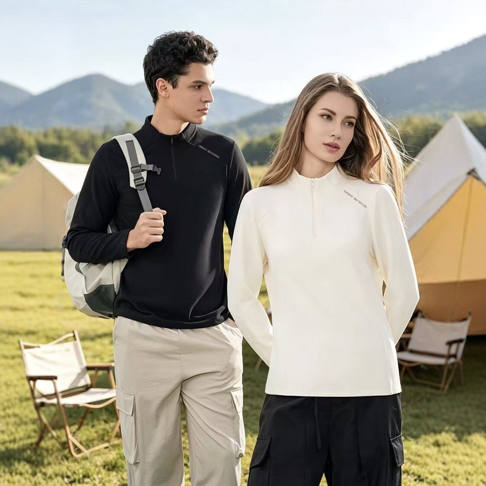 Outdoor fleece jacket, unisex style, stand-up collar, half-zip, long-sleeve T-shirt, high-elasticity, warm base layer, autumn/winter sportswear