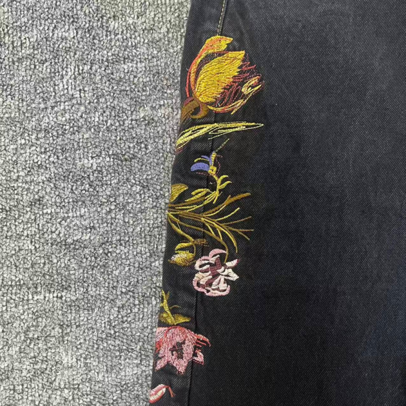 Derschutze retro europeo y americano nuevo estilo flor de la calle bordado jeans casual hombre y mujer pantalones rectos