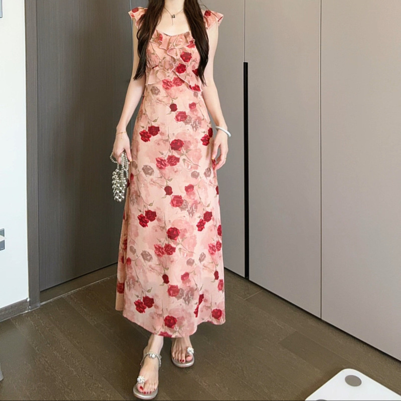 フレンチピンクの花柄サスペンダードレス女性の夏の2025新しいスタイルの美しい超見栄えの良い海辺の休暇ビーチロングドレス|undefined