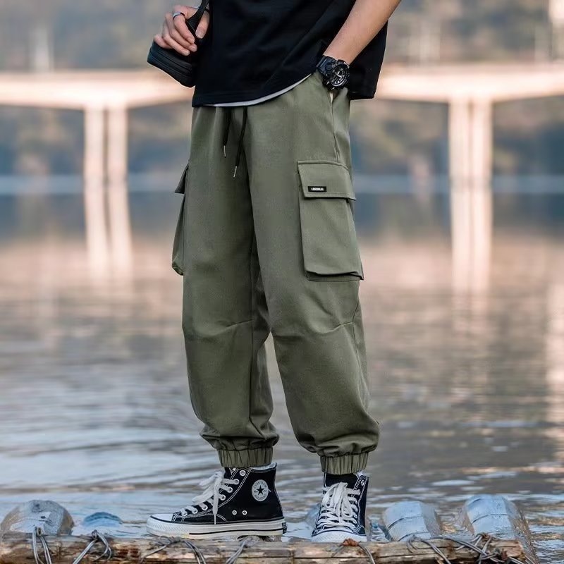 日系工装裤男青少年春秋宽松束脚九分裤男生大口袋松紧腰休闲裤子|undefined
