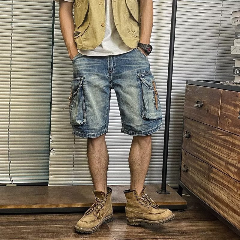 American-style washed denim shorts for men, summer thin loose straight leg cargo shorts, trendy casual five-point shorts.