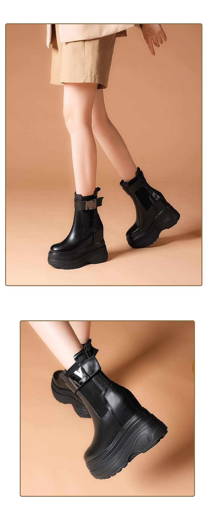 Boot nữ cổ thấp đế xuồng cao 14 cm khóa kéo phong cách casual — Lót nhung đen chi tiết 4