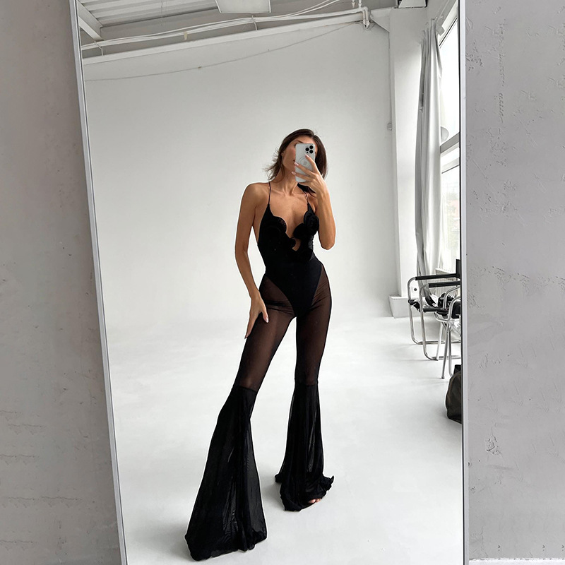 Spring Summer Sexy Sexy Mesh Stitching See Through Design Horn Jumpsuit Women