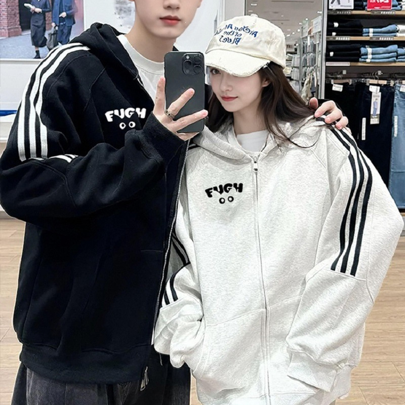 High-quality three-stripe couple's hoodie, autumn/winter 2026 new collection, super trendy hooded zip-up fleece jacket