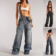 H 17451 Zipper Denim Overalls Women Casual Wide Leg Pants ţ