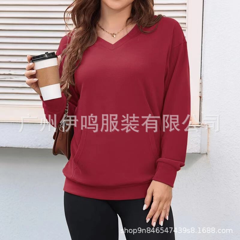 纯色V领宽松卫衣女秋冬新款长袖上衣大码休闲外套|undefined