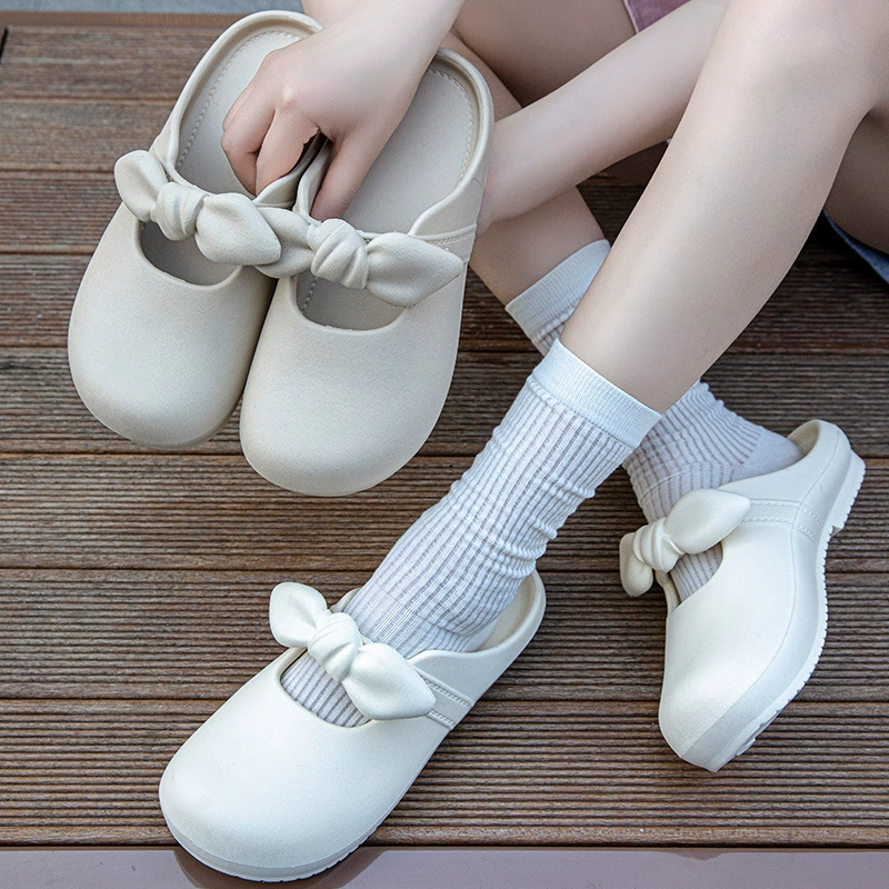 2024 новые модели ins стильные тапочки женские нескользящие мягкие на бантике ленивый Баотоу холодные тапочки простые плоские подошвы