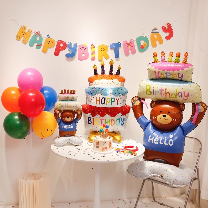 standing base bear candle cake aluminum film balloon birthday party layout scene decoration dopamine atmosphere product