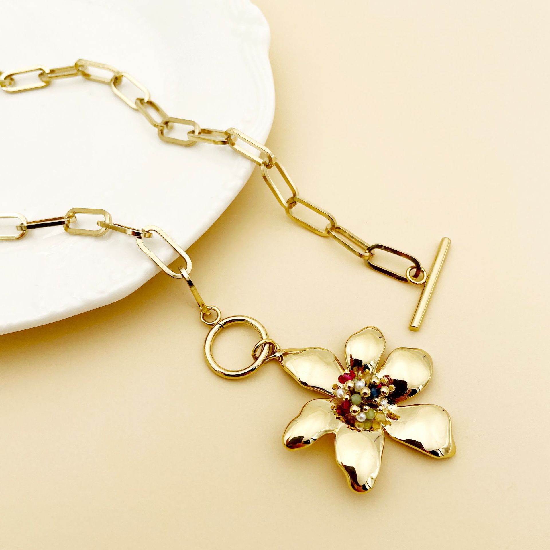 Crystal, Beads Inlay Material Necklace Classification 304 Stainless Steel Chain Material Wholesale Jewelry Fashion Flower 304 Stainless Steel Crystal Beads Gold Plated Plating Stainless Steel Necklaces