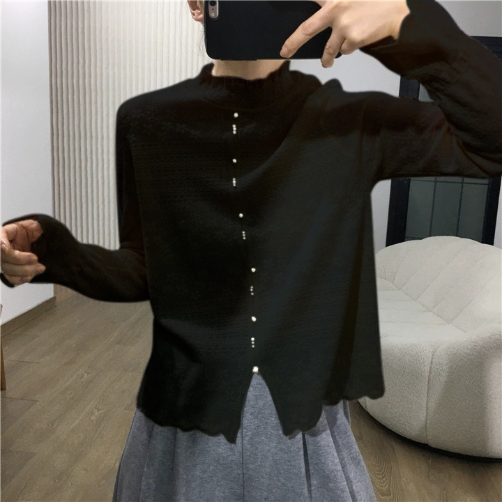 25现款欧根纱蕾丝钉珠高品质厚款秋冬打底衫女针织上衣洋气针织|undefined