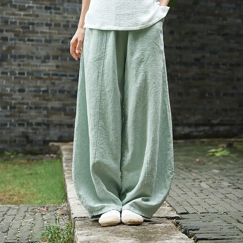 Green Fresh Cotton-Linen Casual Straight-Leg Pants with a High-End Feel, Wide-Leg Pants, New Summer Style, Versatile, Artistic, Retro, Versatile for Women
