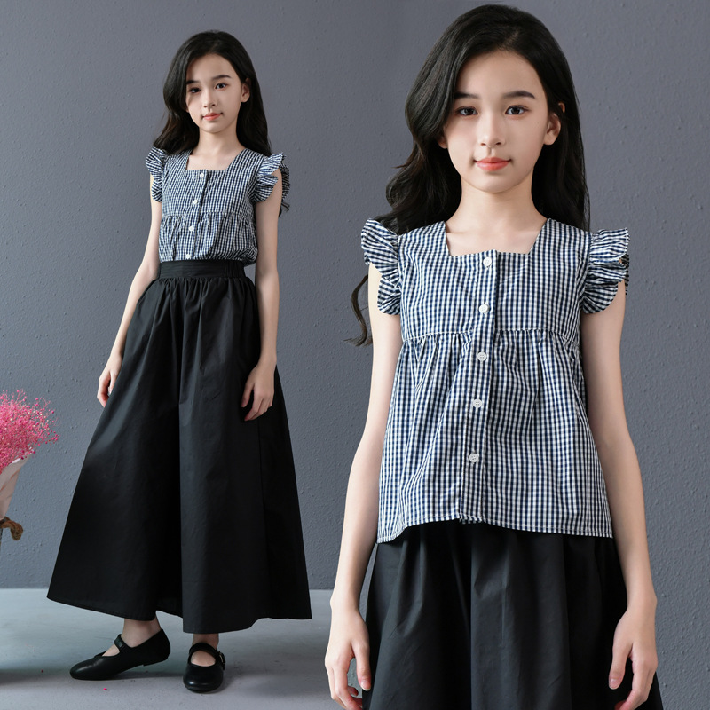 Niñas verano nuevo estilo a cuadros sueltos diseño literario manga voladora camisa blusa pantalones anchos pantalones cortos traje de dos piezas